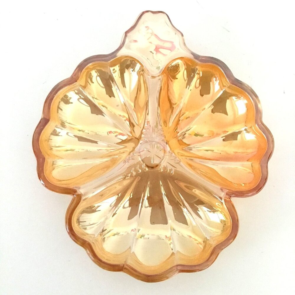 VTG Carnival Glass Marigold 3-Part Clover Leaf Dish Iridescent Divided Bowl 6”